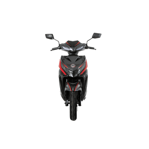 Motocicletă electrică sport neagră cu detalii roșii, ideală pentru oraș și aventuri.