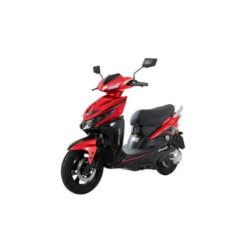 Moped sportiv roșu cu design modern și funcționalitate avansată.