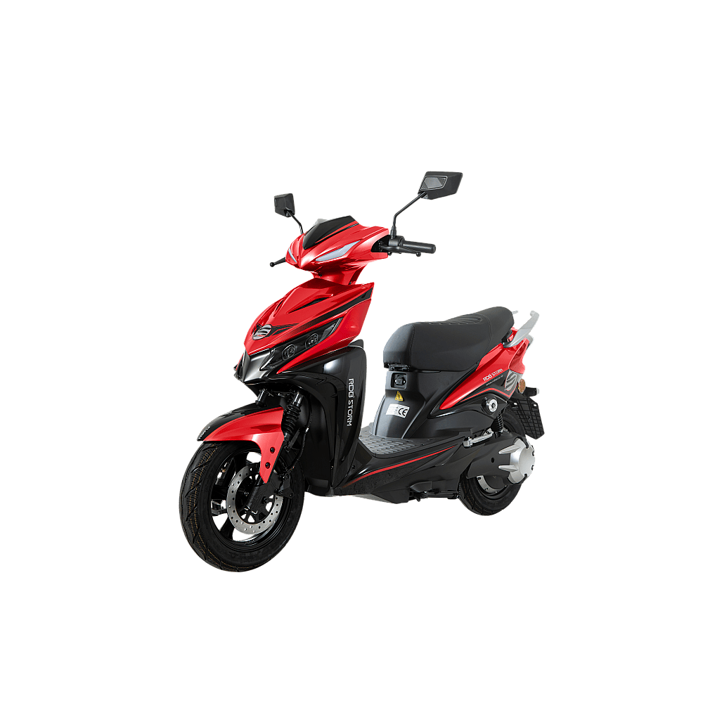 Moped sportiv roșu cu design modern și funcționalitate avansată.