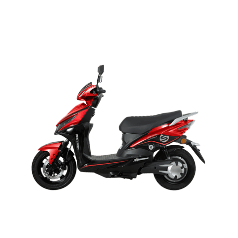 Moped sportiv roșu și negru, ideal pentru oraș și distracție.