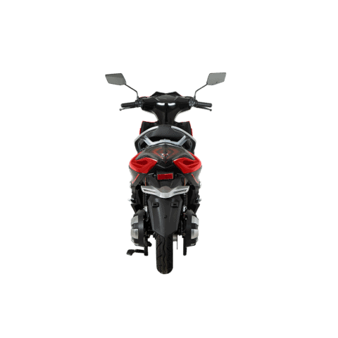 Motocicletă sportivă neagră și roșie, vedere din spate, cu oglinzi și faruri moderne.