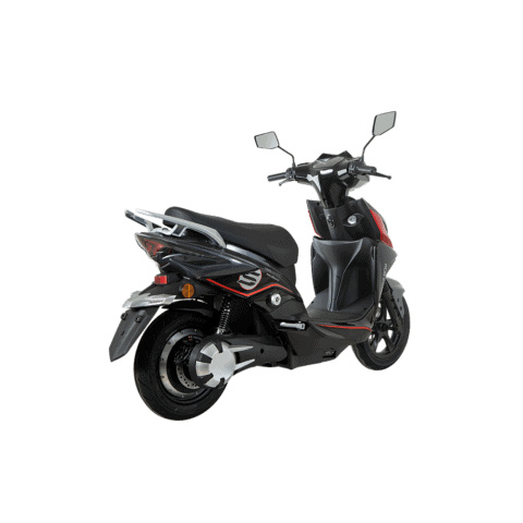 Moped electric negru cu detalii roșii, ideal pentru oraș și transport urban.