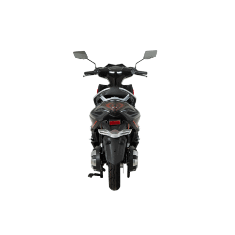 Motocicletă sport neagră, vedere din spate, cu oglinzi și faruri moderne.